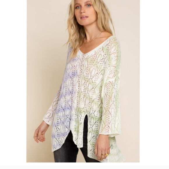 POL Favorite Lilac And Green Grapes Multi Dip Open Weave Tunic Top Side Splits - Picture 4 of 7